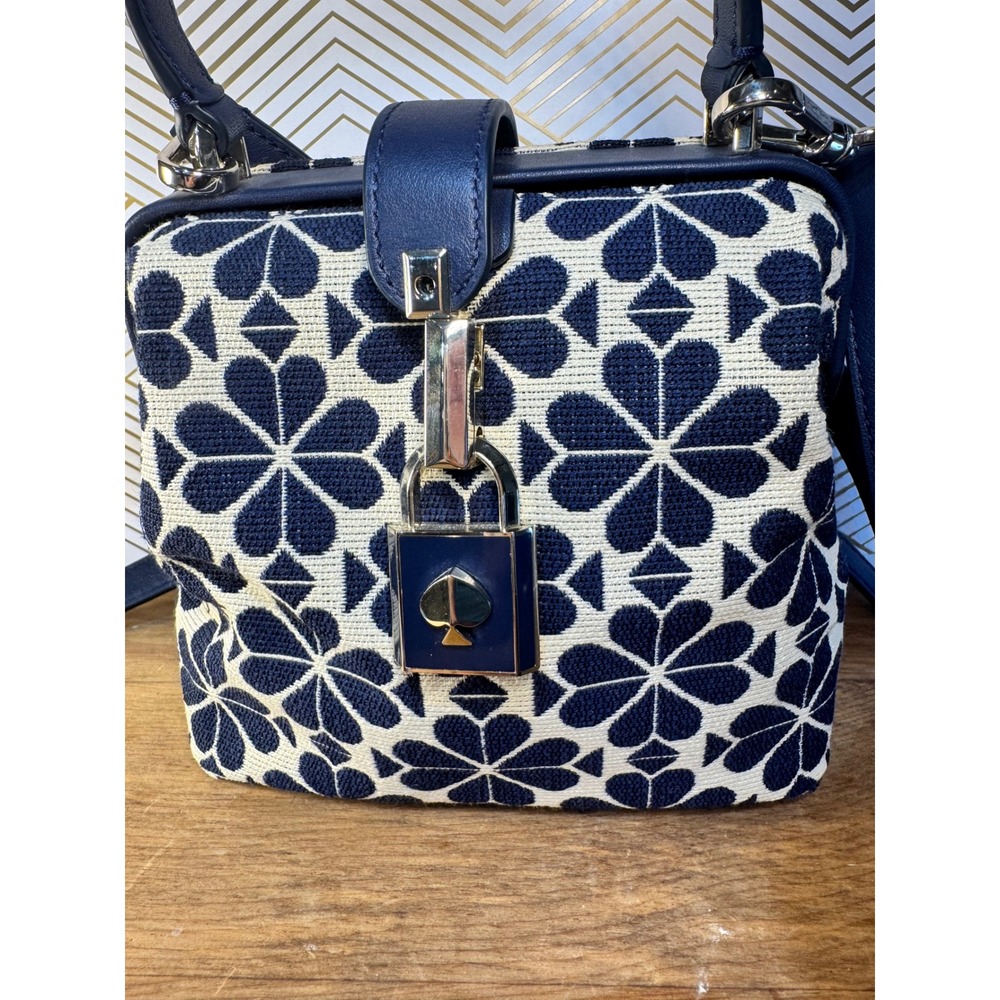 Kate Spade Remedy Spade Flower Jacquard Small Top Handle Bag Navy Blue Cream - Picture 6 of 14